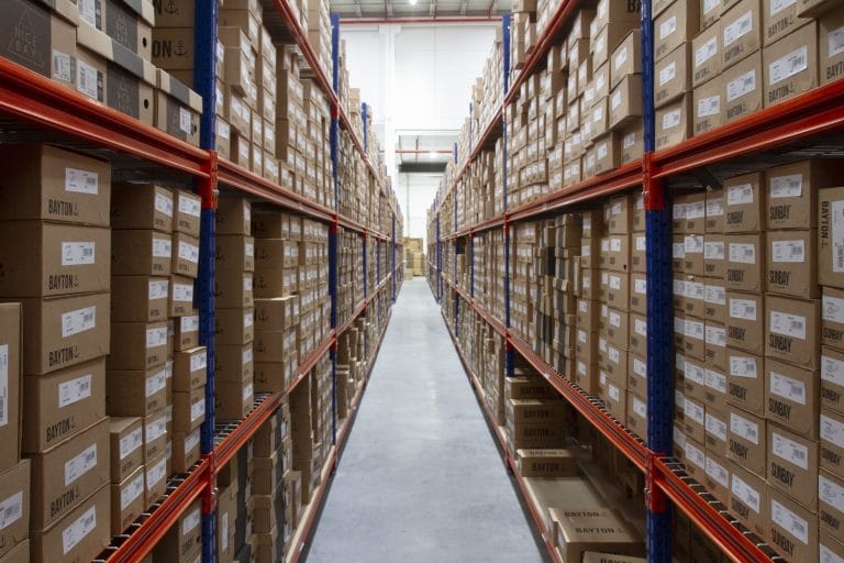 Longspan shelving aisle stocked with boxes
