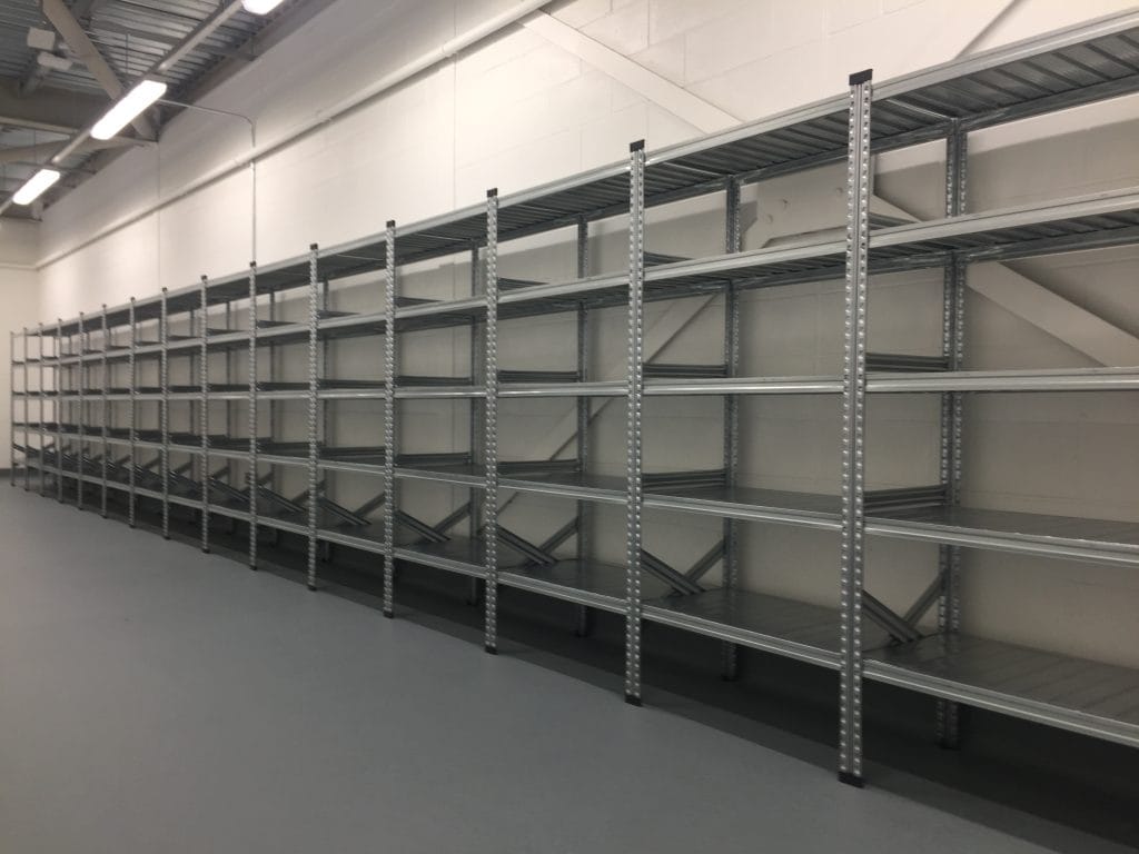 Heavy-duty steel shelving in a warehouse